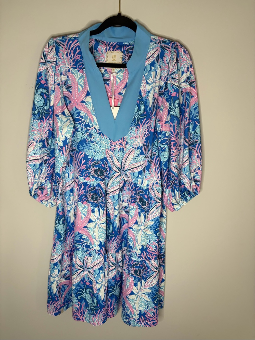 Simply Southern Blue/Pink/White Long Sleeve SPF 50 Coastal Pattern V-Neck Dress